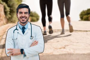 medico in primo piano e persone che camminano sullo sfondo