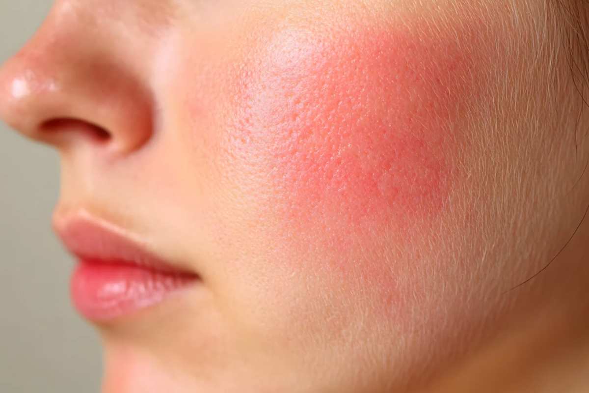 Donna con macchia di blush sulla guancia