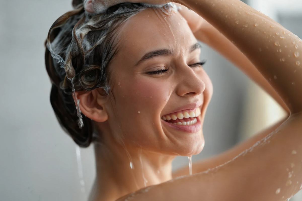 Donna sorridente che insapona i capelli