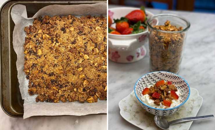 granola di frutta secca cioccolato e uvetta con yogurt e fragole